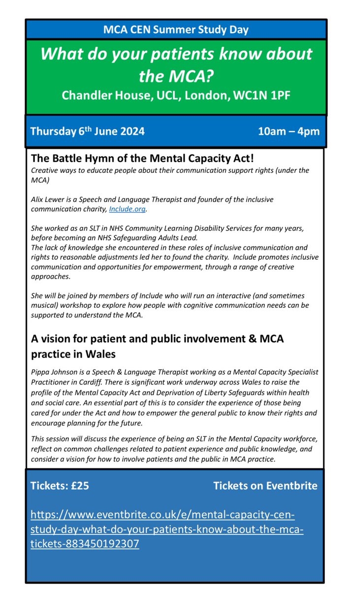 Making the Mental Capacity Act meaningful to those who need it. Come and join <a href="/MC_CEN_SaLT/">Mental Capacity CEN</a> in London on 6th June to find out what you can do. New ticket price for #students £15 <a href="/HannahAtkinSLT/">Hannah Atkinson</a> <a href="/volkmer_anna/">Dr Anna Volkmer</a> <a href="/BCAphasia/">Better Conversations Lab</a> <a href="/MadelineCruice/">Professor Madeline Cruice</a> <a href="/RCSLTpolicy/">RCSLTpolicy</a> <a href="/Neuro_Therapist/">Anisha Desai 🧠</a> @MCAsupporttool