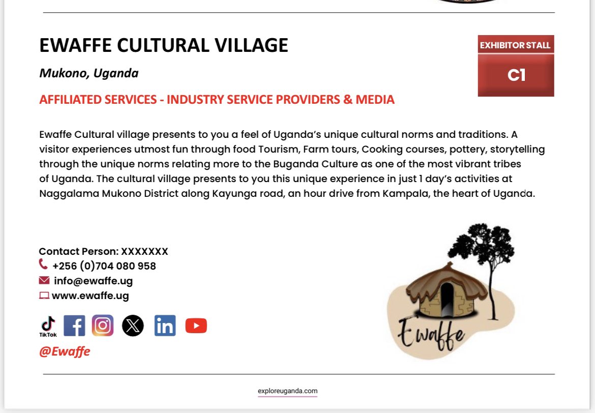 We shall be exhibiting @ #POATE2024 in Munyonyo starting from 23rd to 25th May 2024. Let’s talk Cultural Tourism, draw Partnerships for offering a traditional feel of Uganda. Find us at stall No.C1. Let’s talk in advance👉🏻info@ewaffe.ug