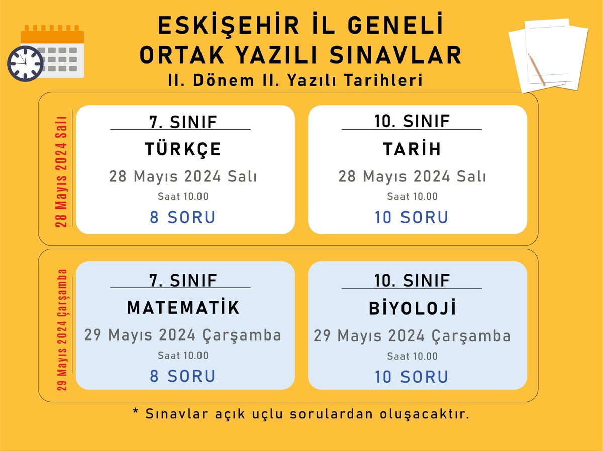 EskisehirODM26's tweet photo. Eskişehir geneli yapılacak olan ortak yazılı sınav uygulama takvimi https://t.co/SIt2uRiMVi
