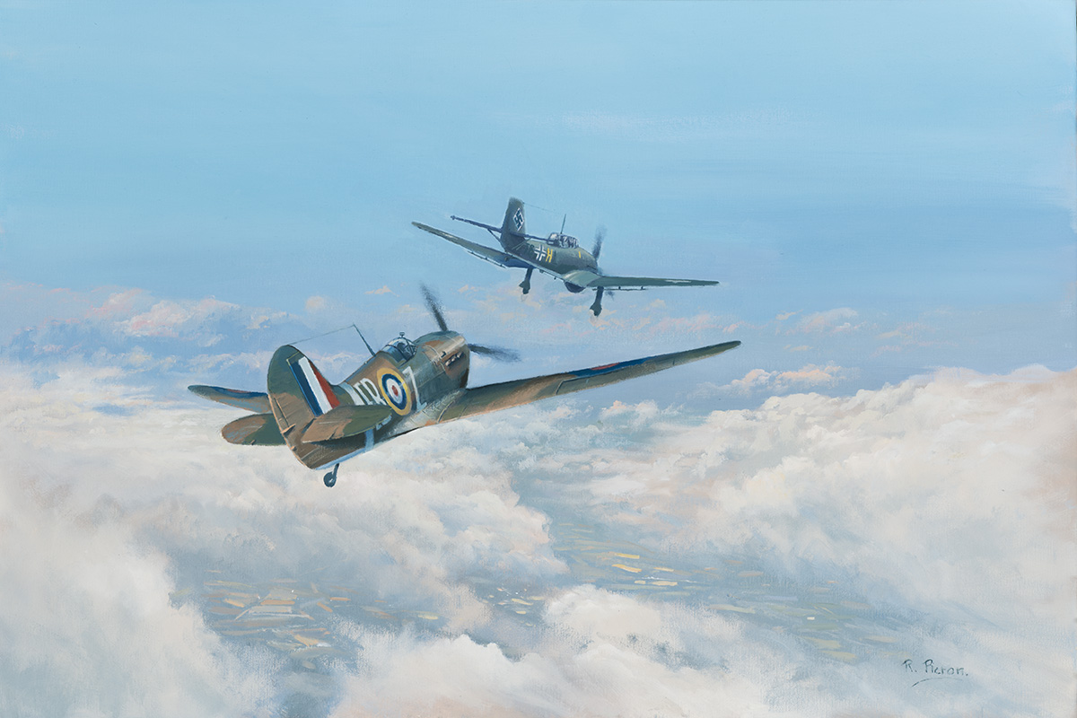 Spitfire and Stuka Oil on Canvas. 30' x 20' Prints, cards etc of this painting are available on the website-redbubble.com/i/art-print/Sp…