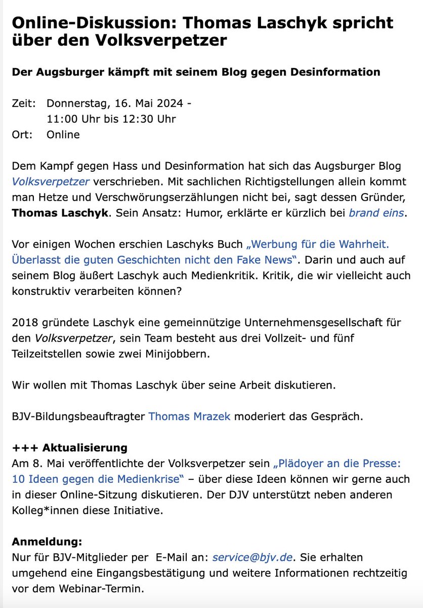 Am Donnerstag, 16.5., 11-12.30 Uhr ist der @Volksverpetzer, 💪Thomas Laschyk, online für DJV-/BJV-Kolleg*innen bei uns zu Gast. Anmeldung unter: service@bjv.de