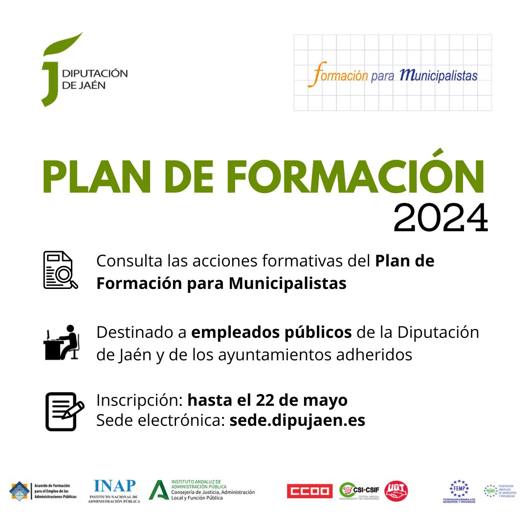 Consulta las acciones formativas del Plan de Formación para Municipalistas de @dipujaen 👉dipujaen.es/conoce-diputac… 🗓️Inscripciones: hasta el 22 de mayo