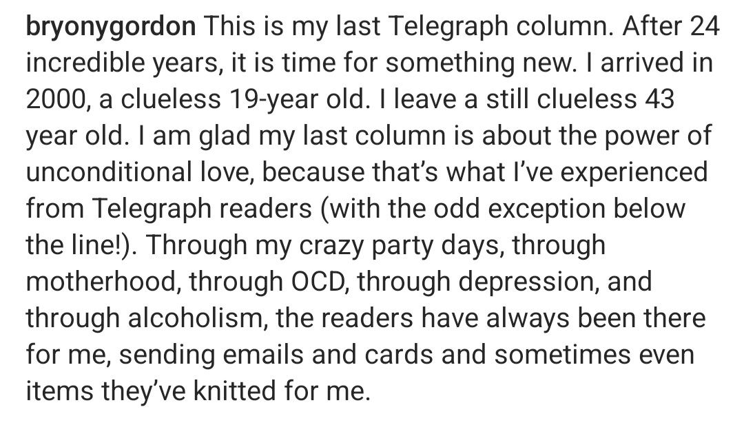 Best-selling author Bryony Gordon has announced that she has left the @Telegraph after 24 years
