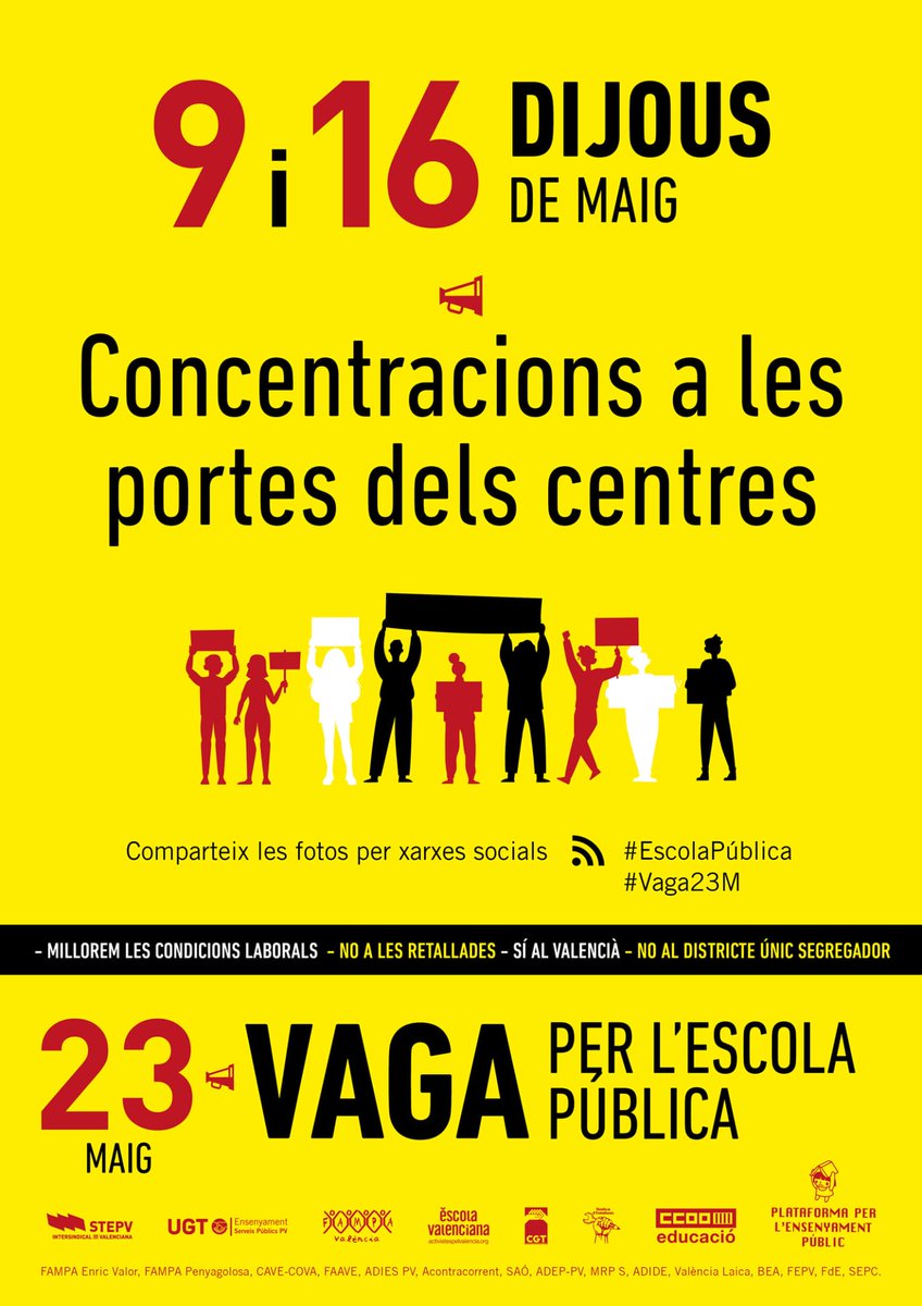 📣 La Plataforma per l’Ensenyament Públic convoca les comunitats educatives a defensar l’escola pública

✊🏼 Concentracions a les portes dels centres!
🗓️ 16 de maig
✊🏼 Vaga i manifestacions
🗓️ 23 de maig 

#EnsPlantemPelValencià #SíalValencià #VagaPerlEscolaPública #23Maig
