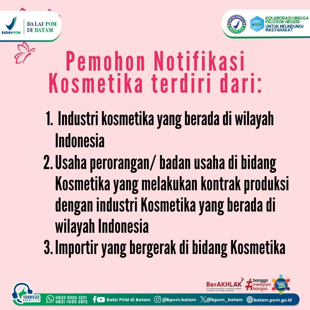 bpom_batam's tweet image. Hai #sahabatBPOM,
Setiap kosmetika yang beredar di Indonesia harus ternotifikasi (terdaftar) di BPOM.

Kamu tertarik melakukan usaha dibidang kosmetika? Yuk simak infografis berikut ini untuk tau siapa saja yg bisa menjadi Pemohon Notifikasi Kosmetika!

#pelayananBPOM
#kosmetika
