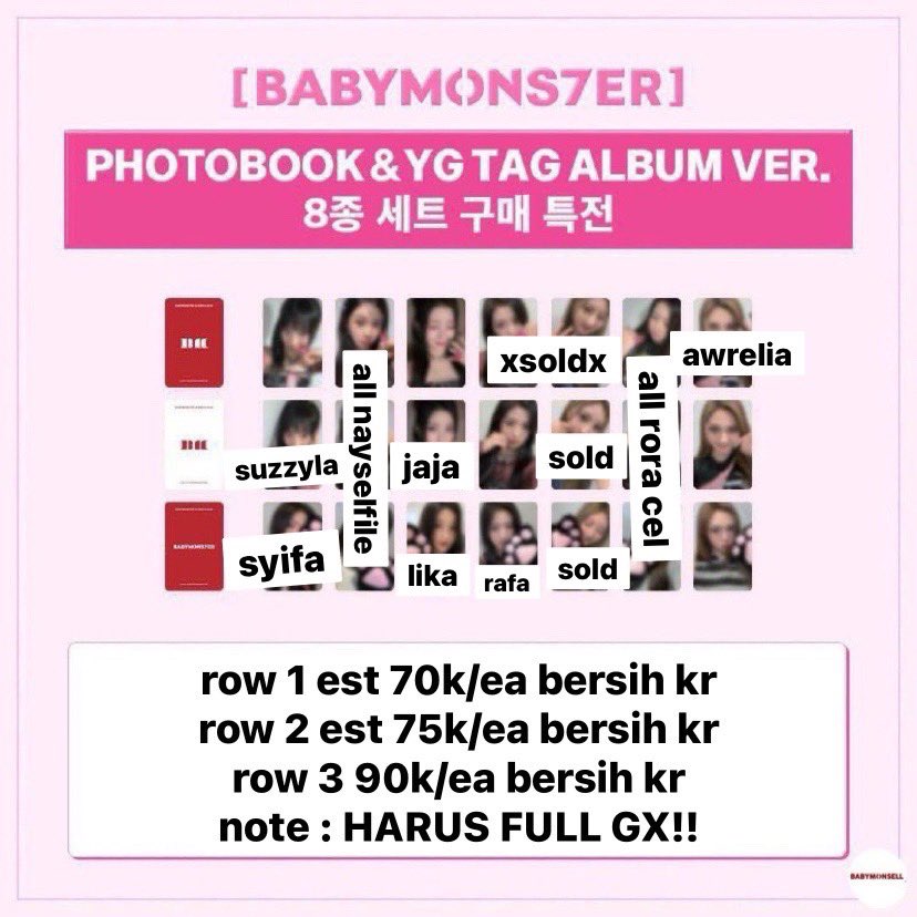 melogallery's tweet photo. UPDATE! avail :
- ruka asa candy (70k/ea)
- ahyeon chiquita cubit pipi (75k)
- chiquita paw paw (90k) 

t. wts pc photocard baemon bm babymonster ld luckdraw rose day ahyeon asa ruka chiquita paw candy cupi cubit pipi cincin https://t.co/b7rq6QS3RA