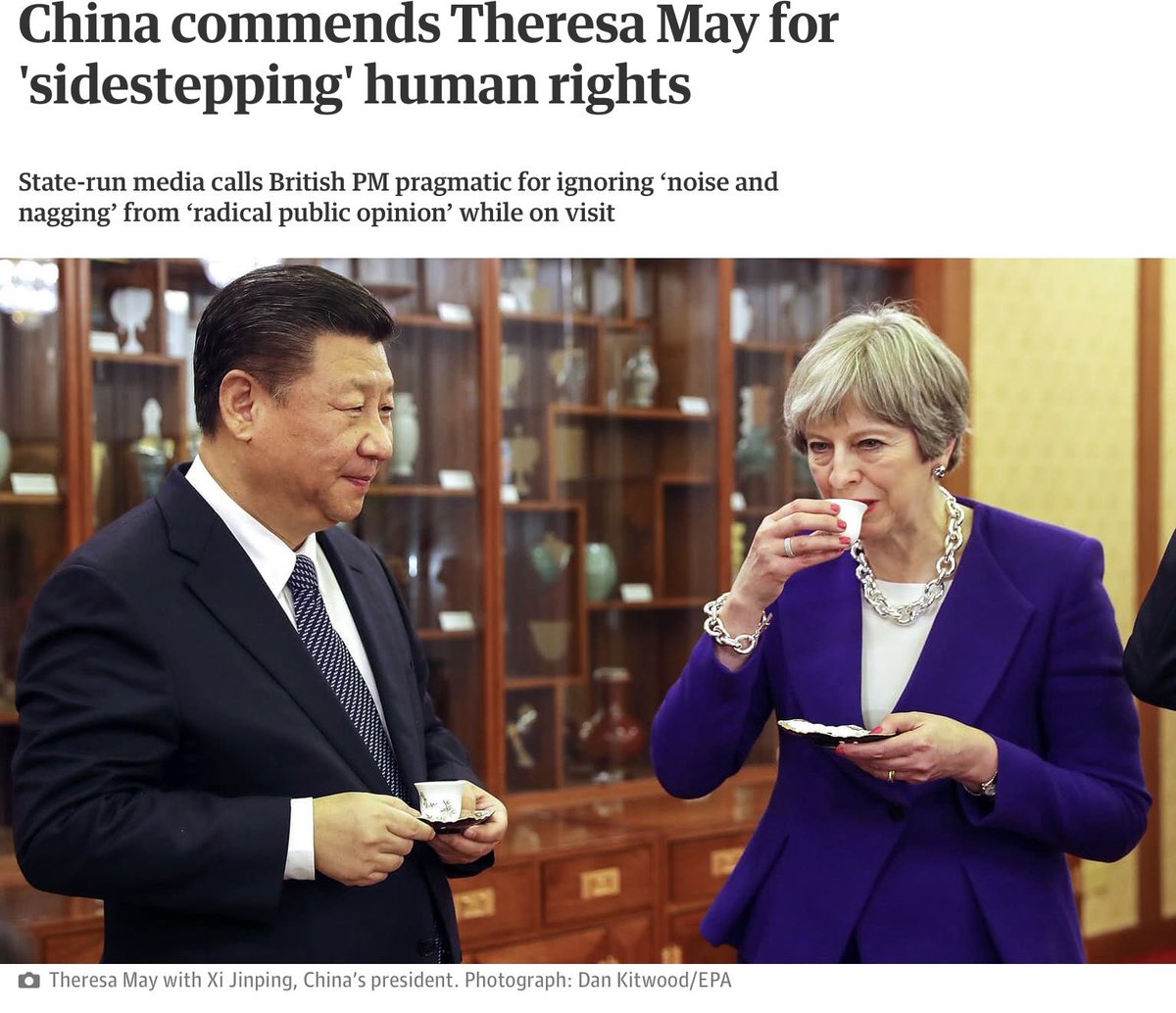 Cameron and May hastened the diminshment of the UK as a leading advocate for #humanrights. Sucking up to authoritarian leaders like Xi never works. But of course, it was #Brexit which hamstrung her.  #China  #r4today #TheresaMay