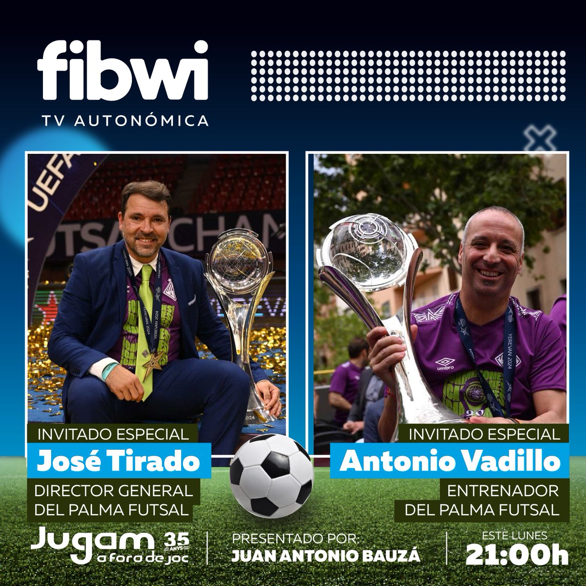 ¡Los lunes son de #JugamaForadeJoc! ⚽ Contaremos con la presencia de José Tirado y Antonio Vadillo, director general y entrenador del @PalmaFutsal, actuales Bicampeones de Europa. Además analizaremos la situación del @RCD_Mallorca
