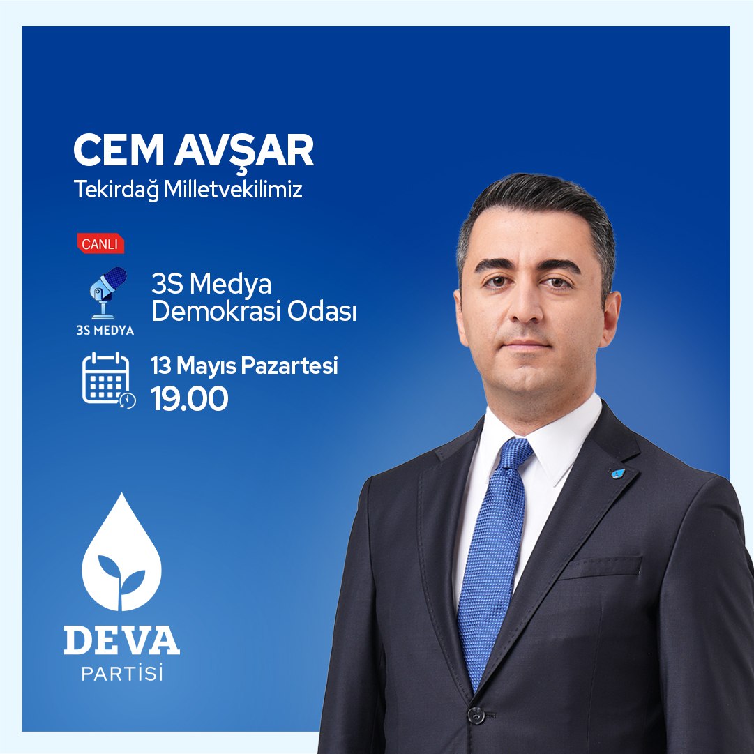 💧🌱Tekirdağ Milletvekilimiz @cem_avs 13 Mayıs Pazartesi, 🗓 BUGÜN 🕰 19.00'da 📺 @3SMEDYA_resmi'de @Serkan_Kartal_ ile 'Demokrasi Odası' programında gündemi değerlendirecek.