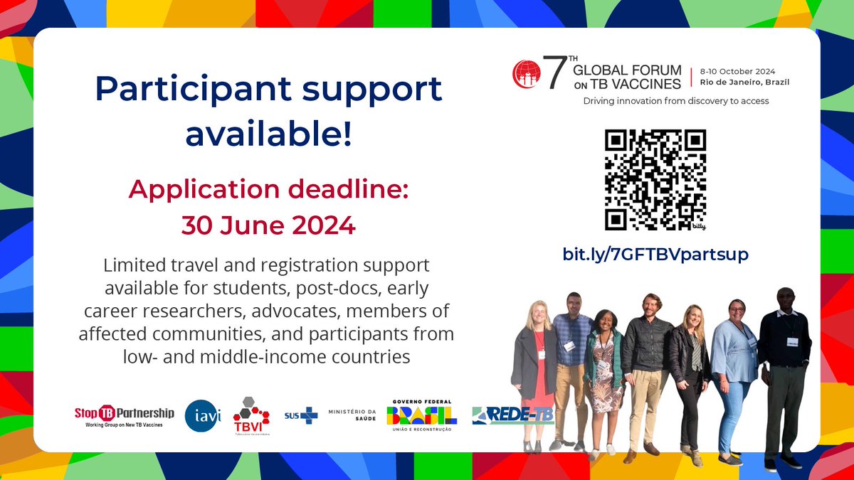 No one should be left out of the conversation. That’s why we offer participant support for the 7th @GlobForumTBVax for students, postdocs, early career researchers, advocates, affected community members & participants from LMICs. 🎓🔬📢#7GFTBV 🔗More info bit.ly/7GFTBVpartsup