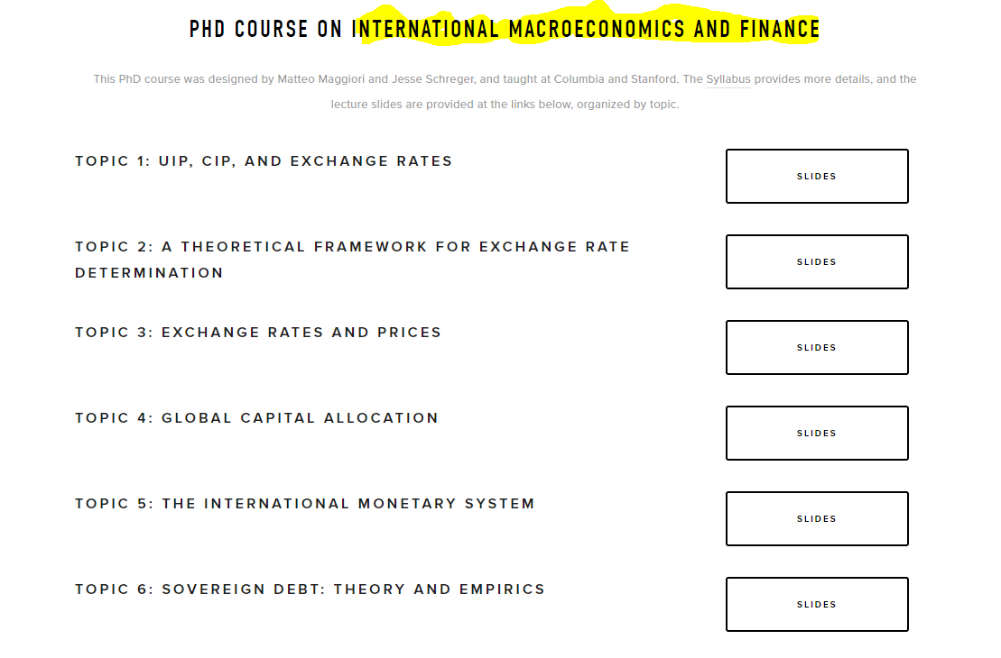 Hi #EconTwitter!📈 Looking for a cool PhD course on international #macroeconomics & #finance? Check out 👇the slides from this brand new course by @m_maggiori (@Stanford GSB) and @JSchreger (@Columbia Business School).📚 Very cool stuff! ⭐️ Link: globalcapitalallocation.com/phd-course