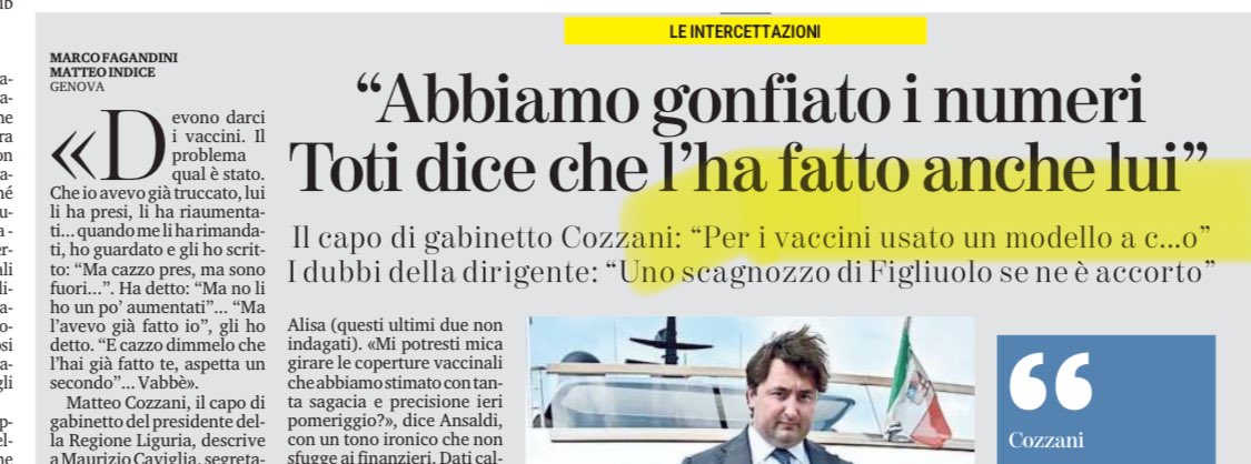 “Abbiamo truccato i dati sul Covid”
“Per i vaccini, usato un modello a caxxo”

In questa confessione, è ben spiegata tutta la gestione della pandemia, non solo in Liguria. 
#Toti