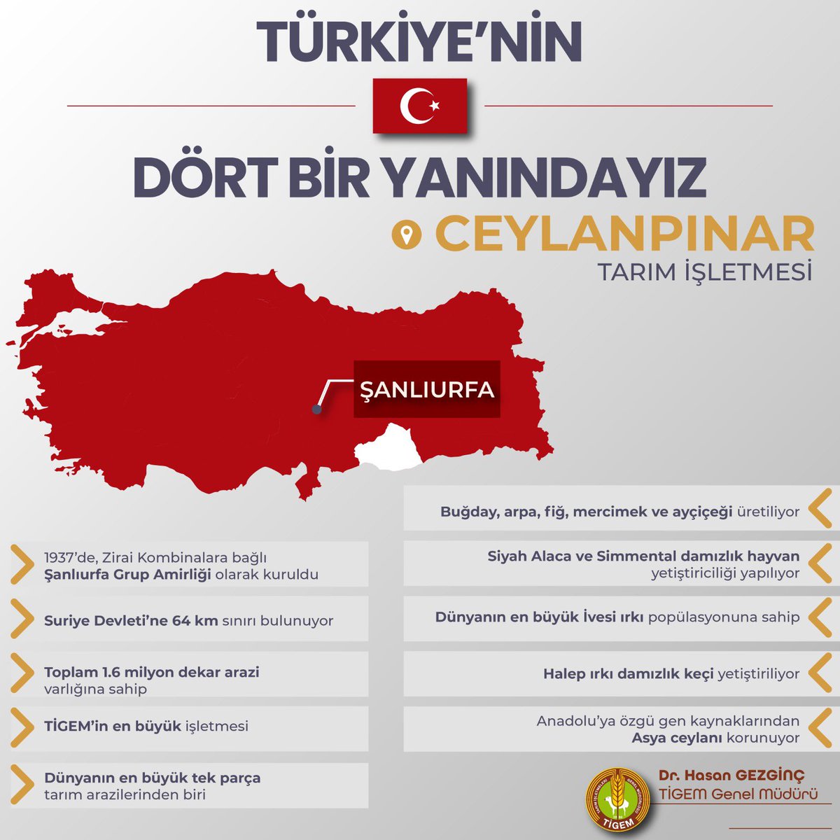 Dünya'nın en büyük tek parça tarım arazilerinden biri olan Ceylanpınar Tarım İşletmemizde 1.6 milyon dekar arazi varlığımızla bereketli topraklarımızı ilmek ilmek işliyoruz.

Adeta ziraat okulu konumunda bulunan işletmemiz aynı zamanda bir tahıl ambarı ve hayvancılık üssü.