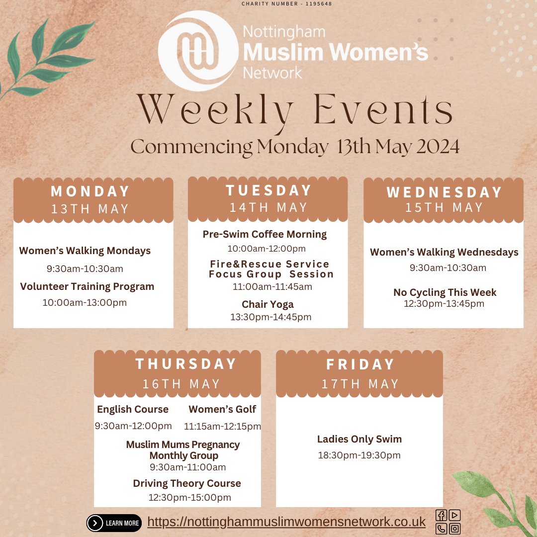📆✨MARK YOUR CALENDARS!!! and join the excitement on this week's agenda at the Nottingham Muslim Women's Network! 
For more details,
please visit👇 nottinghammuslimwomensnetwork.co.uk
contact us
☎️ 07826464722 / 01158372627
📧 enquiries@nmwn.co.uk
#nottinghamwomen #women #nottswomen