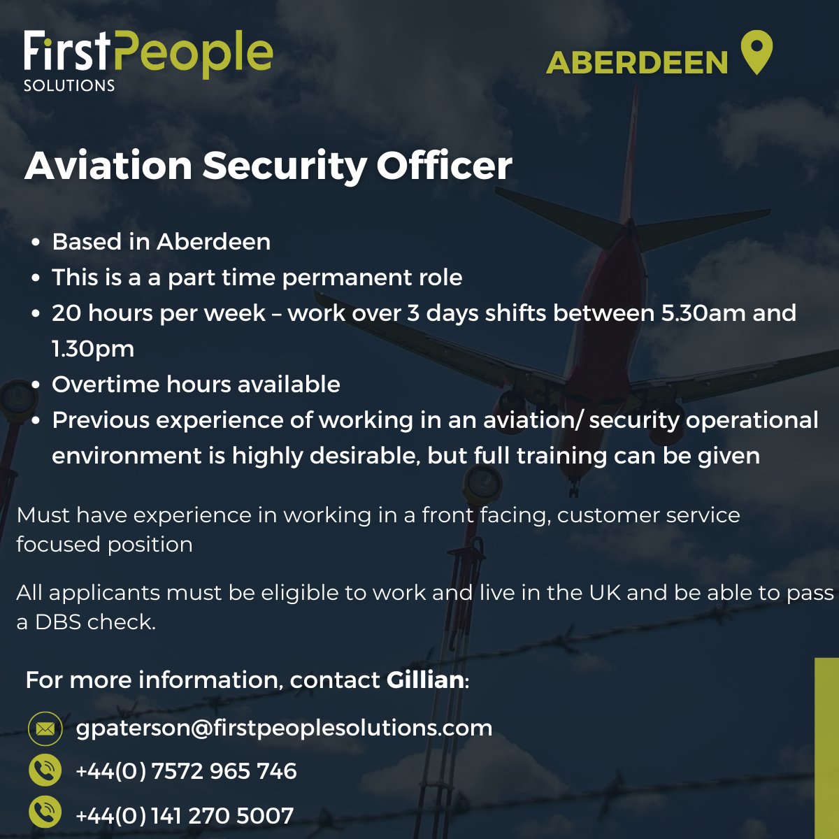 First People Solutions are looking for an Aviation Security Officer to join our team based in Aberdeen 🛠️ If you’re interested and to apply, please contact Gillian Paterson: 📧: gpaterson@firstpeoplesolutions.com 📞: +44(0) 7572 965 746 📞: +44(0) 141 270 5007 #HiringNow