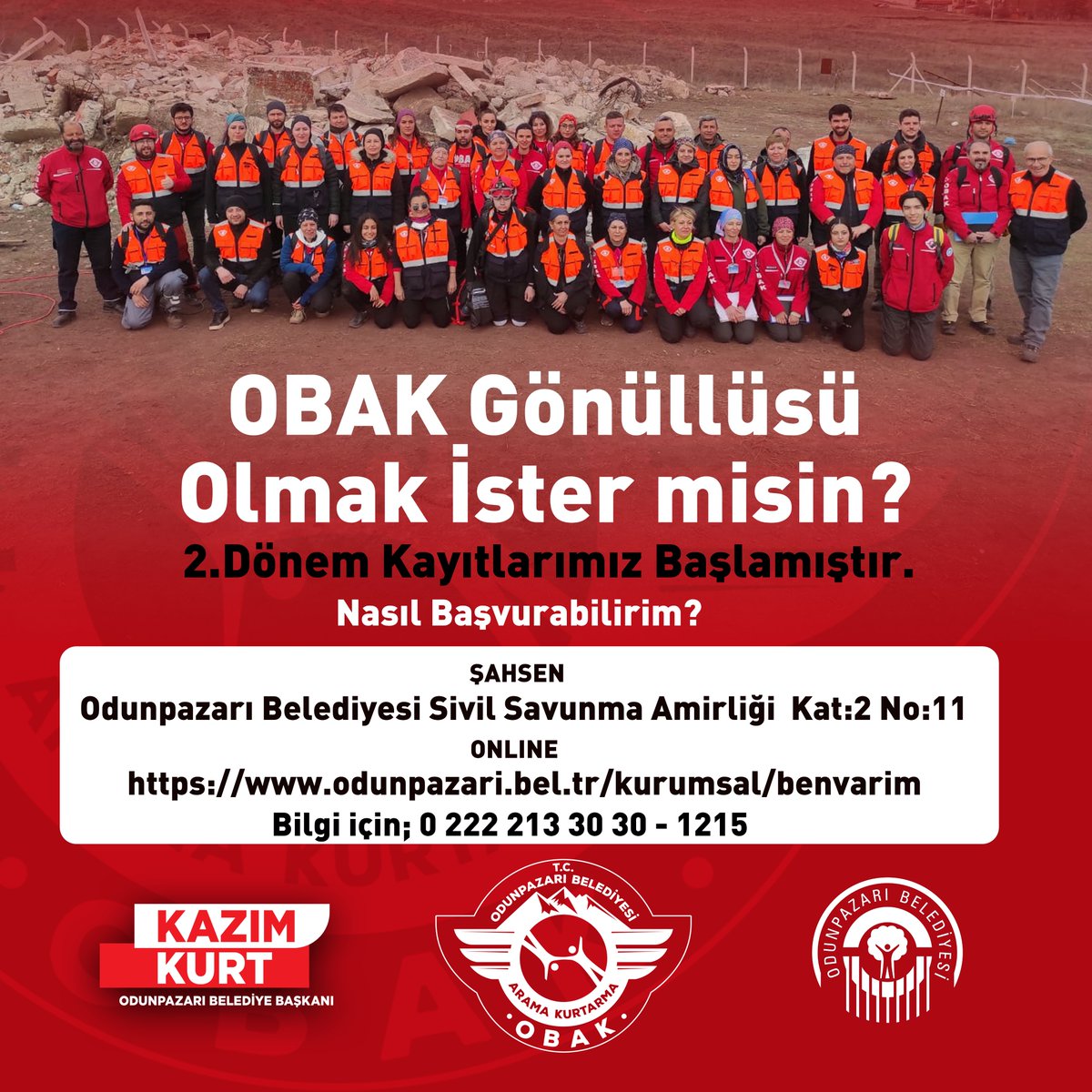 odunpazari's tweet photo. #OBAK gönüllüsü olmak ister misin?
Deprem başta olmak üzere olası afet durumlarına hazırlıklı olmak için OBAK'ın 2. Dönem kayıtları başlamıştır. Başvurularınızı Odunpazarı Belediyesi Sivil Savunma Amirliği Kat:2 No:11'e yada online olarak Odunpazarı Belediyesi web sitesine (https://t.co/EvPTdj1TEu) yapabilirsiniz.
Bilgi için: 0222 213 30 30 - 1215