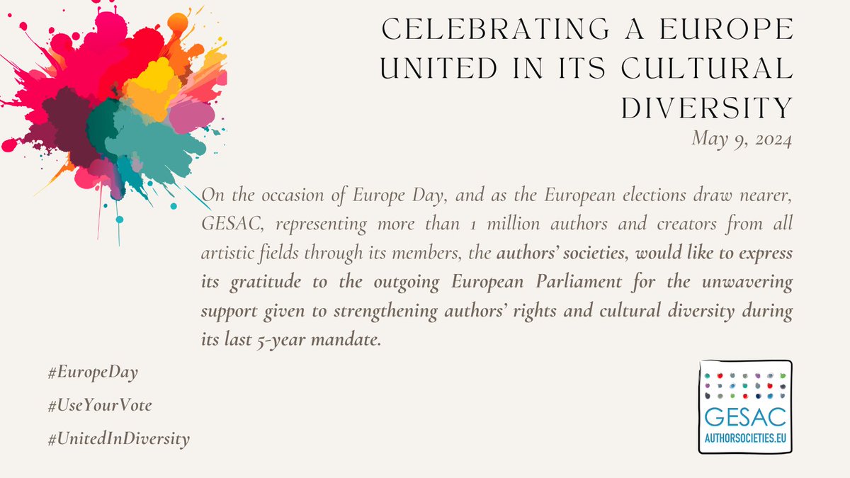 🇪🇺 On 9 May, we celebrated Europe ! 

📢On this occasion, the European authors community wanted to thank European Parliament for its tireless efforts to support creators!

👉 Full statement here: shorturl.at/pDIS4

#EuropeDay2024 #UseYourVote #UnitedInDiversity