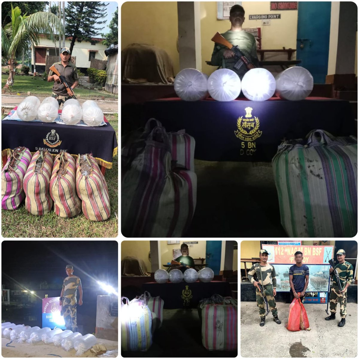 12.05.24
In different incidents,#AlertBSF Troops 
@BSF_SOUTHBENGAL foiled smuggling attempts at the International border in #WestBengal and seized 275 bottle Phensedyl & 51 FishPin Polybags(worth ₹13.7 Lakh) and apprehended a smuggler red-handed.
#JaiHind
#BSFagainstSmuggling