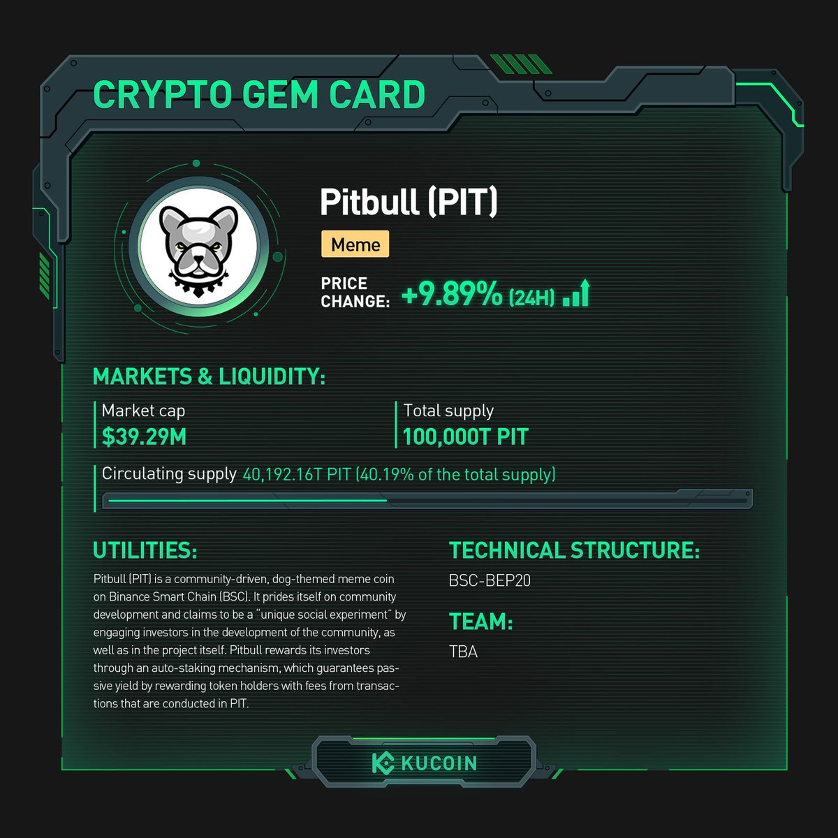 $PIT trading is now live on #KuCoin! 🚀PIT/USDT: trade.kucoin.com/PIT-USDT?utm_s… Find out more about Pitbull in #KuCoinCryptoGem card. #Meme