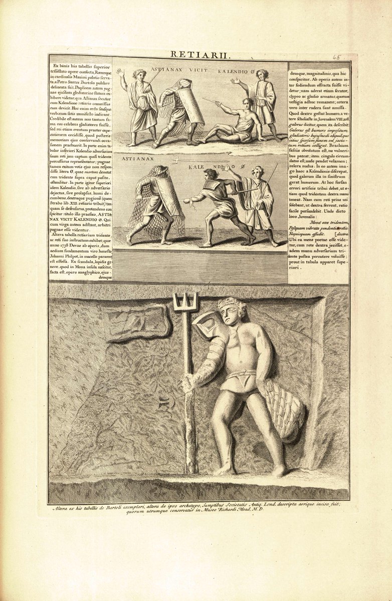 Here we see a Plate from Vetusta Monumenta which shows two works of art depicting the type of Roman gladiator known as a retiarius or net-fighter. Vetusta Monumenta (Ancient Monuments) is a series of 7 volumes of engravings, originally published by the Society between 1747-1906.