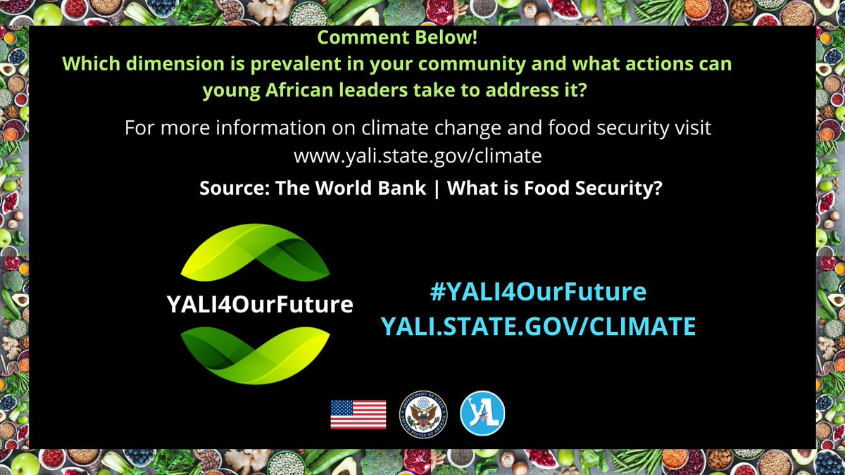 Discover the four critical dimensions of food security. Join us in raising awareness to guarantee universal access to nutritious food! To learn more visit ow.ly/KpxK50RC93E #foodsecurity #YALI4OurFuture #ClimateChange #ClimateActionAfrica