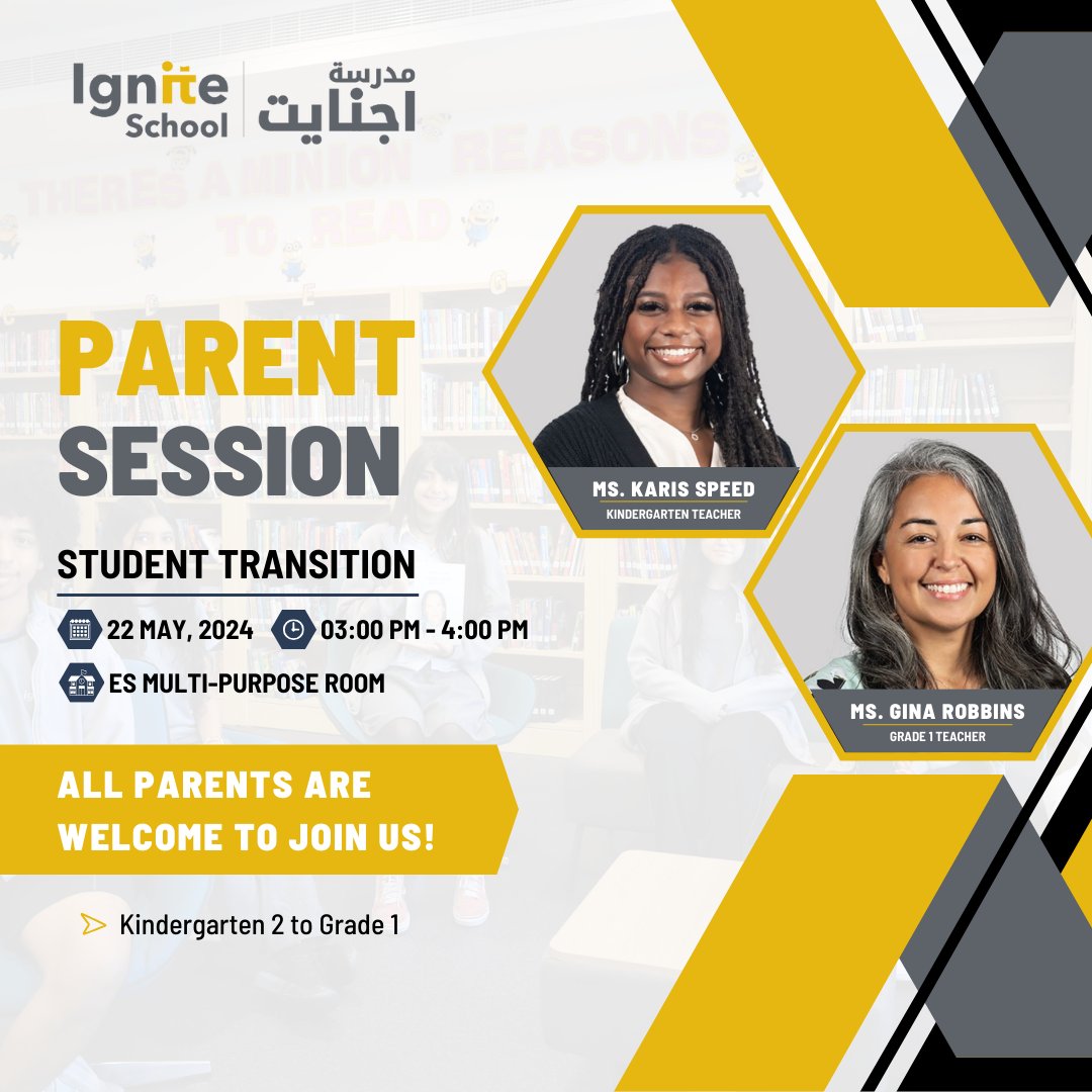 Attention all parents of students transitioning from Kindergarten 2 to Grade 1: You're invited to join us for a Parent Session on May 22 at the Elementary School Multi-Purpose Room. We look forward to discussing this important milestone together!
#IgniteSchool #AmericanCurriculum