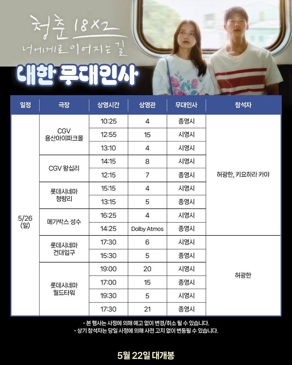 mcastle_kr's tweet photo. 드디어... 올 것이 왔다! 실물 영접 가보자고👊
<청춘 18X2 너에게로 이어지는 길> 무대인사 일정 공개!

#청춘18X2너에게로이어지는길 #청춘18X2 #청춘18
#허광한 #키요하라카야 #미치에다슌스케 #후지이미치히토
#첫사랑 #로맨스 #영화 #상견니 #남은인생10년 #오세이사 https://t.co/MHTbSDTUUy