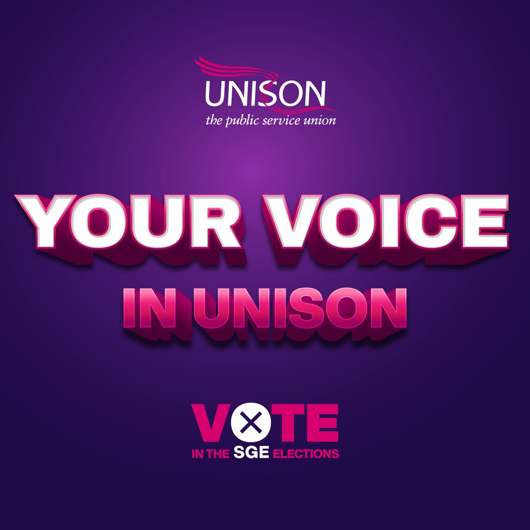 🗳️VOTE TODAY🗳️ UNISON's SGE elections close in 5⃣ days Check your inbox for an email from CES to get your voting link, or dig out your postal ballot papers sent to your home address and vote today. @unisontheunion @UNISONOurNHS @UNISONinSchools @unisoninLG @UNISONCommVol