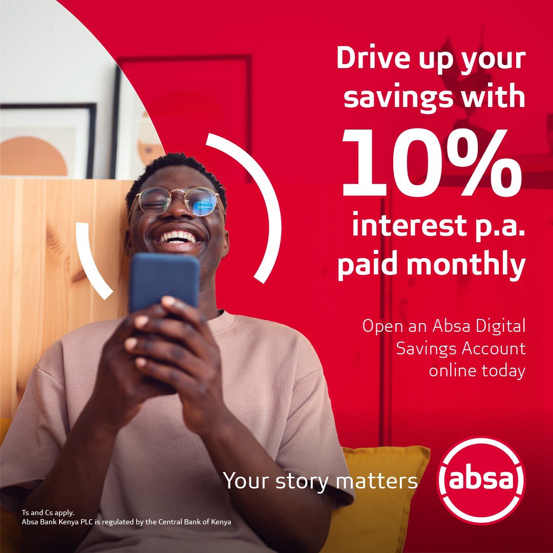 Shape your financial story with us. Take control of your financial journey today with an Absa Digital Savings Account! Earn an impressive 10% interest p.a. on your savings and watch your money grow effortlessly. Visit absabank.co.ke/personal/ to get started. #YourStoryMatters