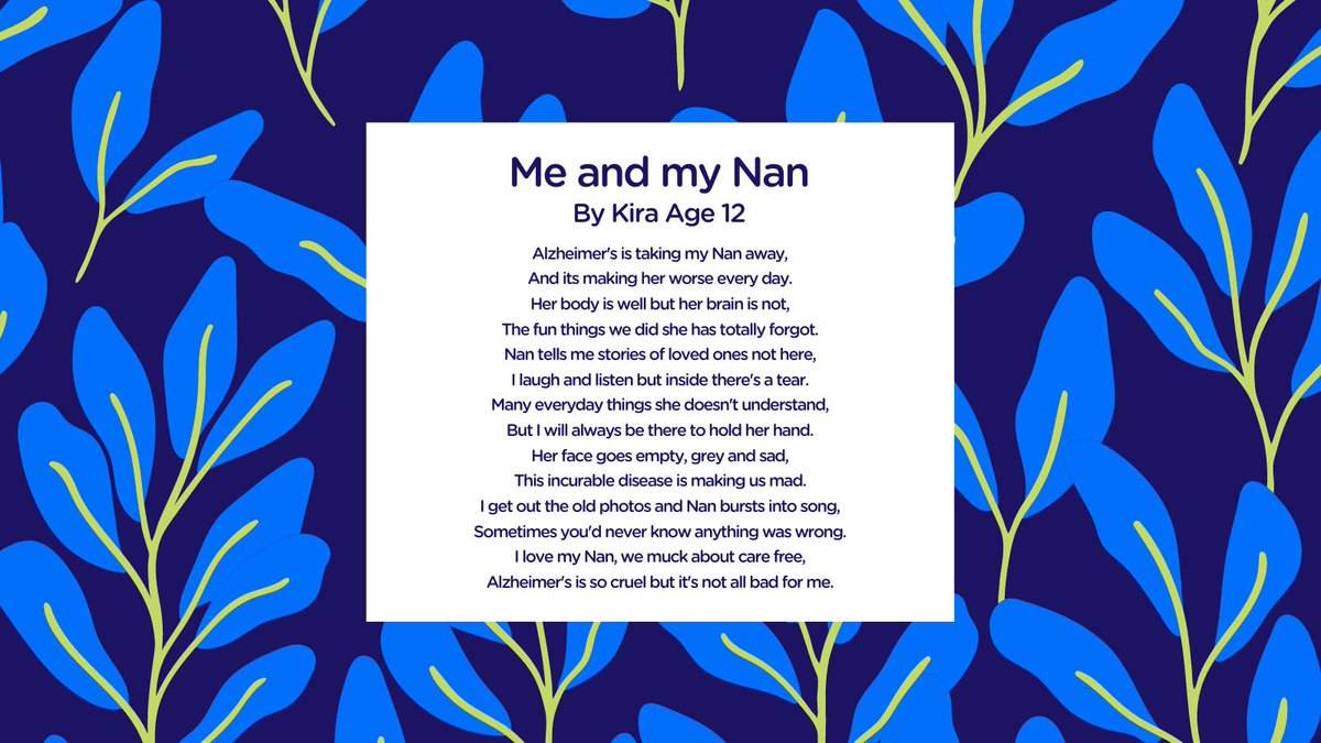 It’s day one of Dementia Action Week! We share a wonderful poem by Kira age 12, who wrote this poem based on the experience of her Nan's Alzheimer's. Send us your poems by direct message or email dementiafriends@alzheimers.org.uk #DementiaActionWeek