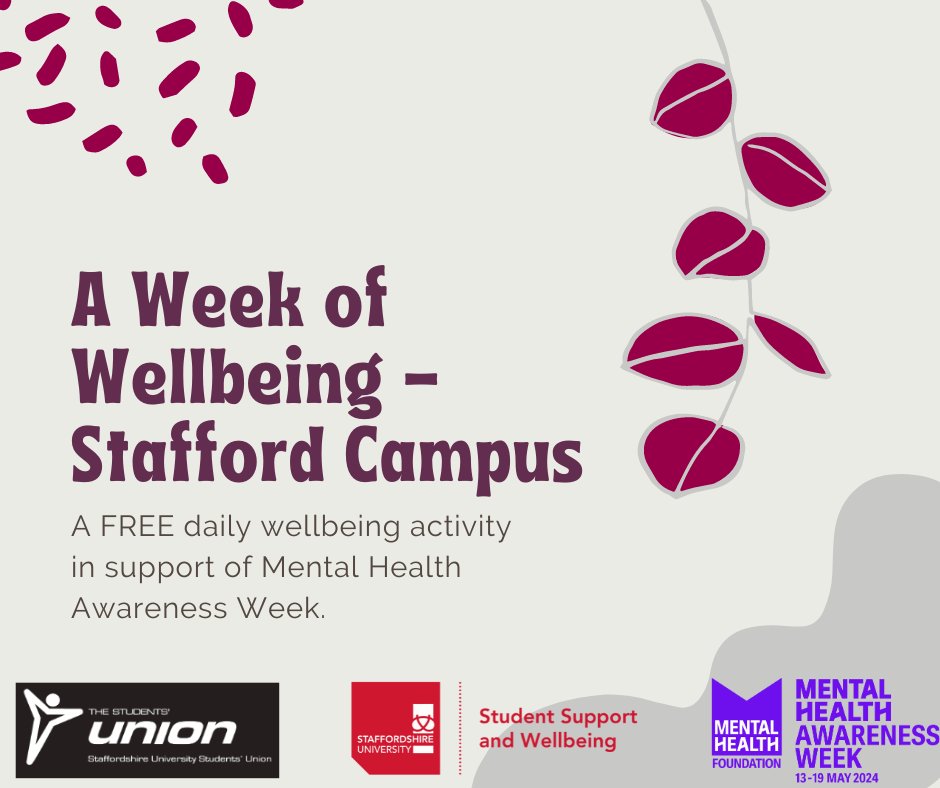 Stafford Campus!📣 Get ready for a week of wellbeing with a variety of activities! All taking place in the Library Pod! Click on the link to find out more: staffsunion.com/whatson/

#StaffsUni #StudentUnion #Wellbeing #MentalHealth