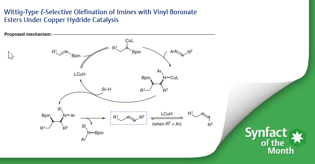 ❇️ In this Synfact of the month Martin Oestreich (@Silicon_Martin) highlighted the ‘Wittig-Type E-Selective Olefination of Imines with Vinyl Boronate Esters Under Copper Hydride Catalysis’ by Lalic G and co-workers from @UW🧐 👉brnw.ch/21wJIiS