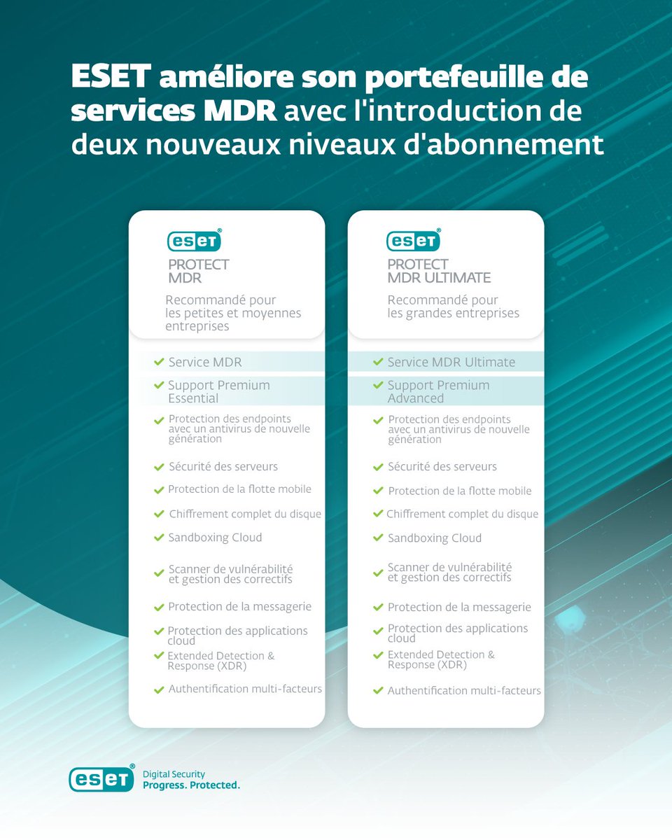 Grande nouvelle pour #ESET ! 🚀 Présentation d'ESET PROTECT MDR & ESET PROTECT MDR Ultimate – un renforcement de notre offre de services #MDR. Bénéficiez de capacités de détection et de réponse aux menaces complètes, conçues pour toutes les entreprises. #ProgressProtected