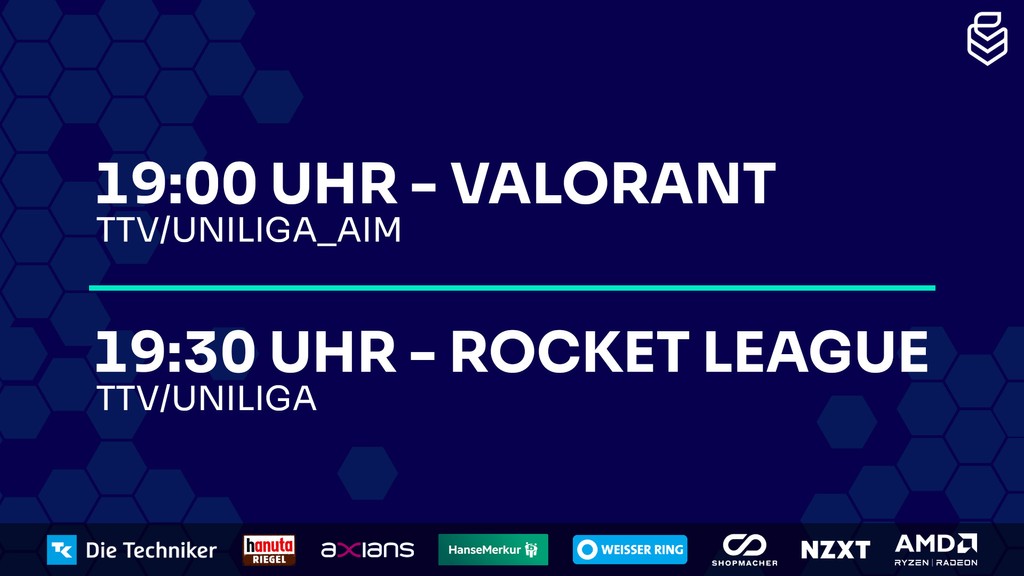 Zum Wochenstart gibt es heute Abend wieder zwei Streams für euch 👇️ 19:00 Uhr - #VALORANT - 4. Spieltag twitch.tv/uniliga_aim 19:30 Uhr - #RL - 3. Spieltag twitch.tv/uniliga