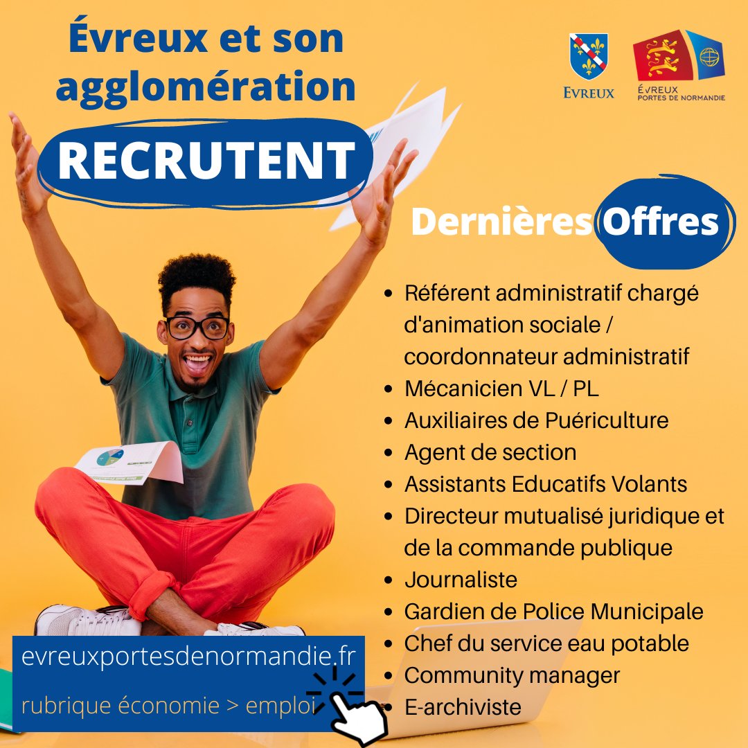 [#EMPLOI]

#Evreux et #aggloevreux recrutent !

&gt; Offres en cours :  Auxiliaires de Puériculture / Directeur mutualisé juridique et de la commande publique / Journaliste / ...

👉 Pour postuler, envoyez votre CV et lettre de motivation ⤵️
evreuxportesdenormandie.fr/285-evreux-por…

#offreemploi