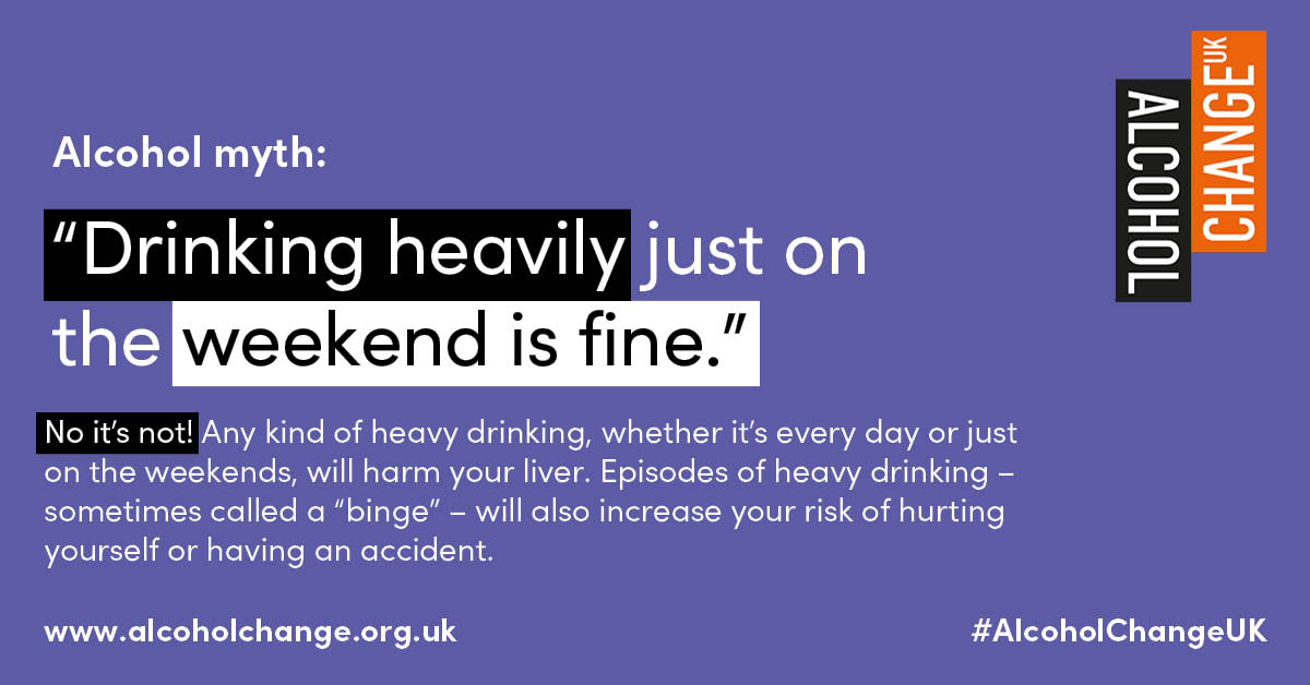 'Drinking heavily just on the weekend is fine'

Any kind of heavy drinking, whether it’s every day or just on the weekends, will harm your liver. Episodes of heavy drinking – sometimes called a “binge” – will increase your risk of hurting yourself or others. #MythMonday