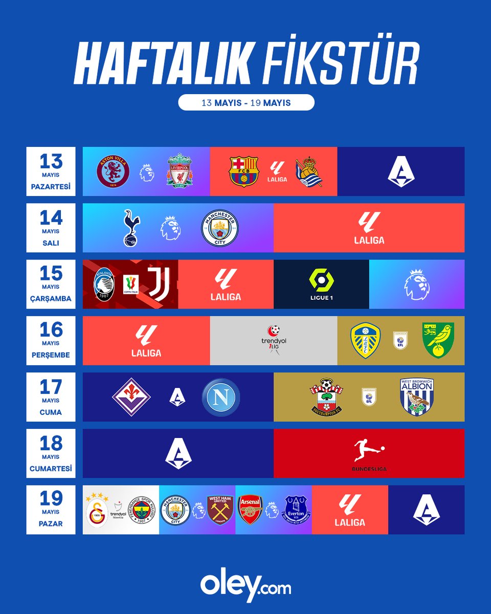 ⚽️ Hafta içi Premier Lig heyecanı! ⚽️ Hafta sonu Süper Lig'de derbi haftası! 🗓️ 13 Mayıs - 19 Mayıs Spor Takvimi sizlerle! 🎁 Siz de kazanmanın heyecanını Oley.com'da +0.20 yüksek oranla katlayın!