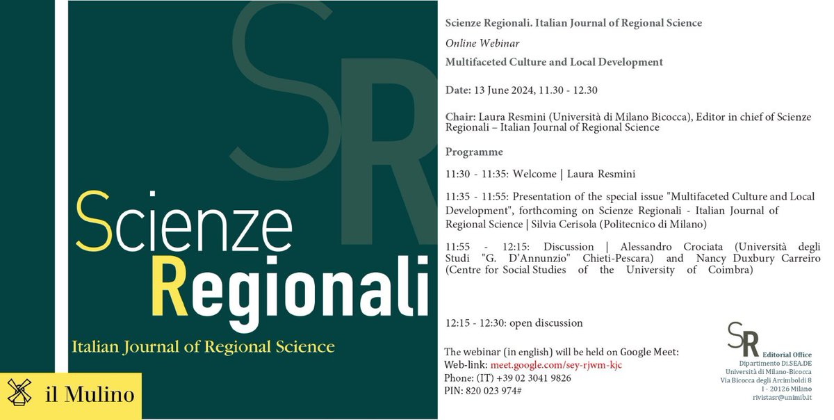 Scienze Regionali
Italian Journal of Regional Science

🖥Online Webinar
📆13 Giugno 2024

Presentazione dello Special Issue pubblicato da Scienze Regionali e curato da Silvia Cerisola
"Multifaceted Culture and Local Development"

In collaborazione con Il Mulino <a href="/rivistailmulino/">Rivista il Mulino</a>