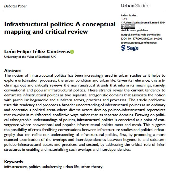 New debates paper by @LeonFeTeCo maps out key tendencies concerning the use of the notion of #InfrastructuralPolitics in urban studies and cognate disciplines ow.ly/tmoI50RA4GV