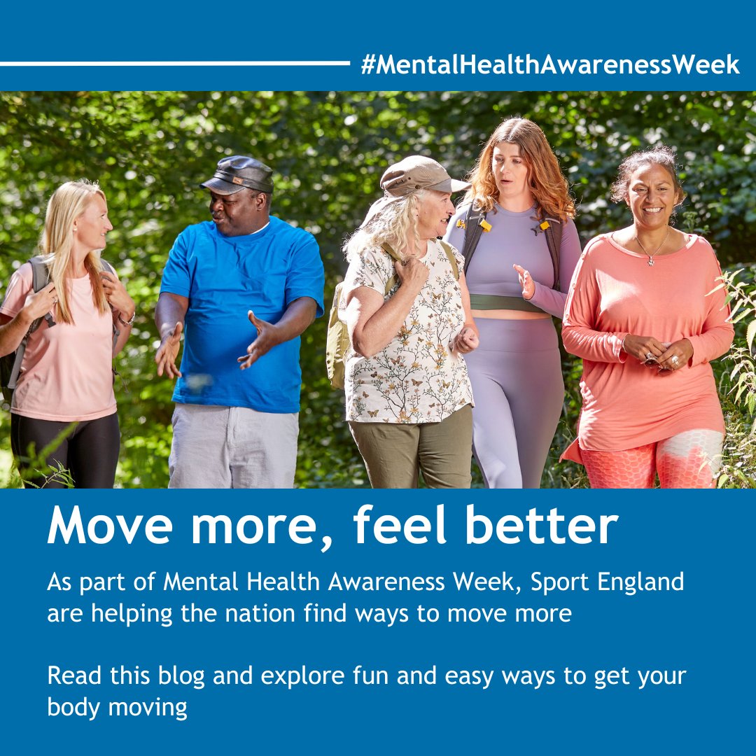 It's #MentalHealthAwarnessWeek and this years theme is, 'Movement: Moving more for our mental health'🚶 @Sport_England want to help people explore fun and easy ways to get their body moving Read this blog for tips on how to move more: ow.ly/Qnmb50RBtgA