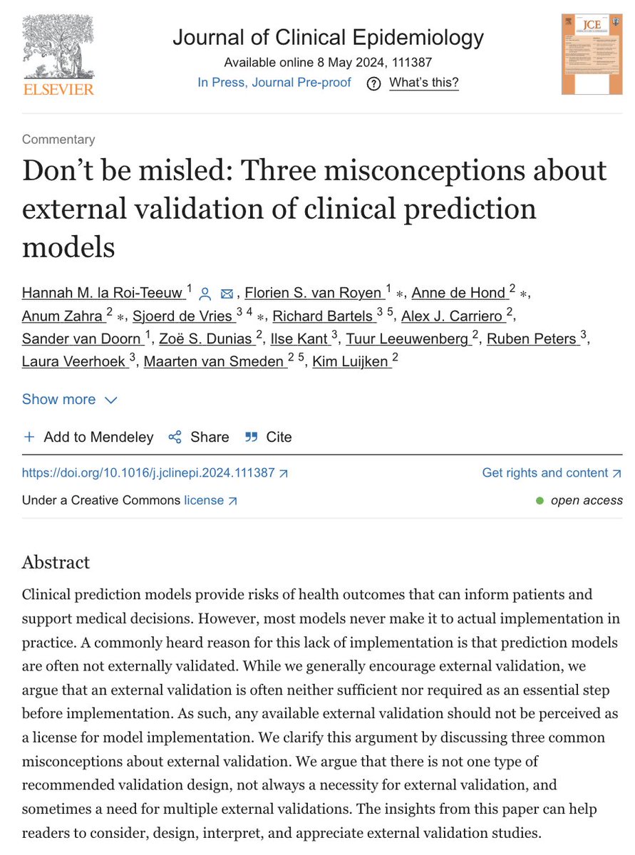 NEW PAPER Why an 'independent' external validation study is usually not the only barrier between you and implementation of the prediction model in practice doi.org/10.1016/j.jcli…
