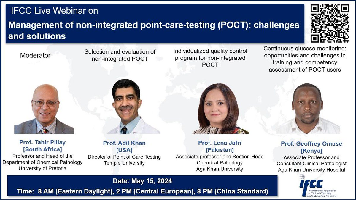 Mark on your agenda next #IFCCWebinar on “Management of non-integrated point-care-testing (POCT): challenges and solutions”
 
Date: 15th May 2024
Certificate of participation available for all registrants
 
Register here: workcast.com/register?cpak=…

#IFCCLiveWebinars #webinar #ifcc
