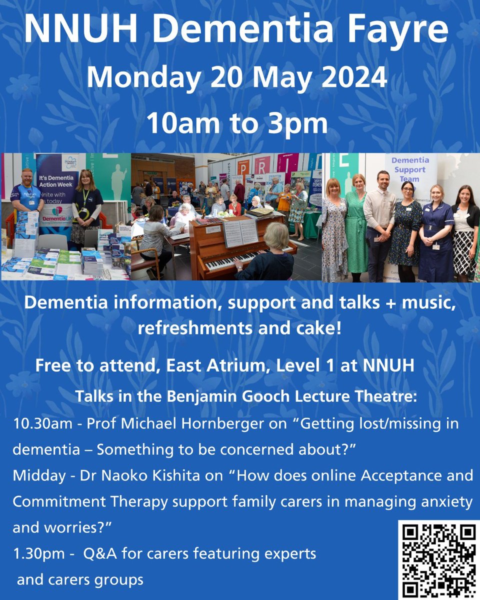 The NNUH Dementia Fayre takes place a week today! The event is open to everyone affected by dementia, their carers and families. We will have a host of information stands and a programme of talks in the lecture theatre. orlo.uk/Mx2ZQ