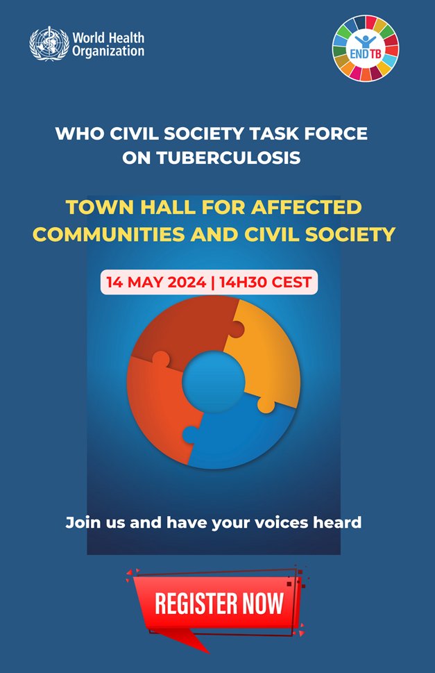 When? Tuesday 14th May 2024 at 3.30 pm (EAT): Join @WHO @DrTedros & WHO Civil Society Task Force on TB for a town hall that will focus on urgent actions needed to translate 2023 TB Political Declaration into action. Register here: who.zoom.us/webinar/regist…