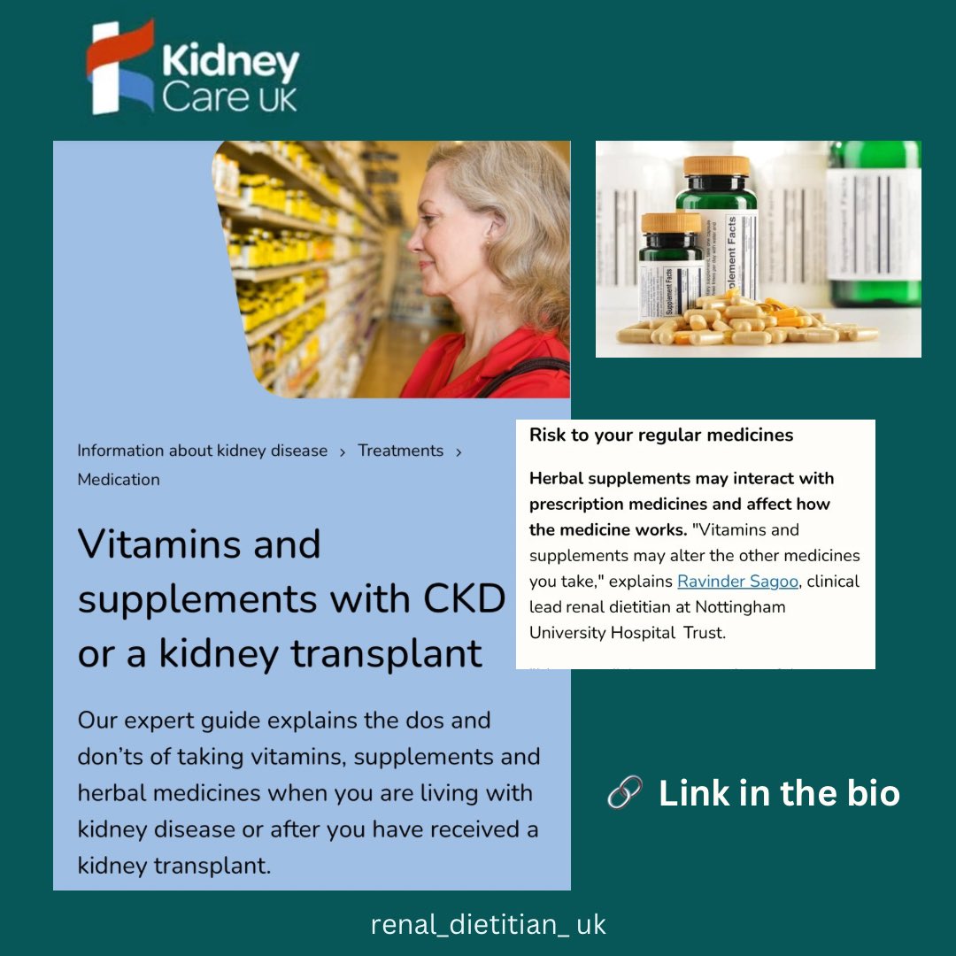 Taking vitamin and supplements with (CKD) is often deemed safe. If you have had a transplant or have a declining kidney function these can cause harm or may even make kidney disease worse.Thank you @kidneycareuk for the opportunity to contribute to this website topic.