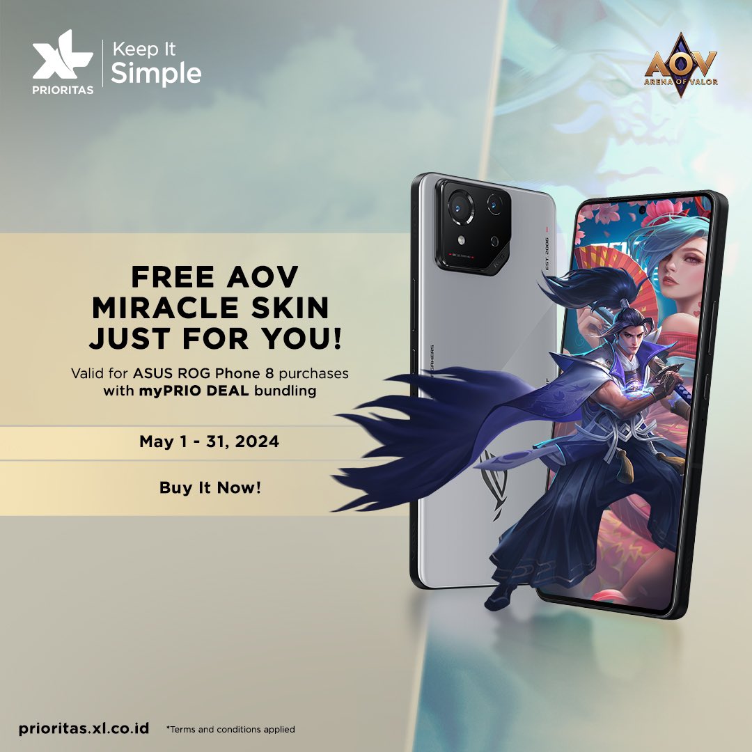 Taklukkan turret musuh dengan keren, pake FREE AOV Miracle Skin khusus buat kamu! 🔥

Promo ini untuk pembelian ASUS ROG Phone 8 dengan bundling myPRIO Deal ya! 

Kunjungi XL Center & toko mitra terdekat, atau cek ini untuk selengkapnya 👉🏻 linktr.ee/myPRIO_DEAL_XL…

#KeepItSimple