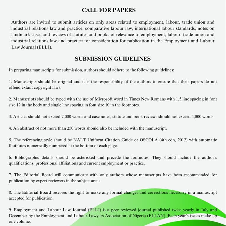 Call for Papers!

ELLAN is excited to announce its upcoming journal, THE EMPLOYMENT AND LABOUR LAW JOURNAL with its inaugural issue, and we invite submissions from scholars, practitioners & experts in the field! 

#LabourAndEmploymentLawJournal #CallForPapers #NigerianLaw