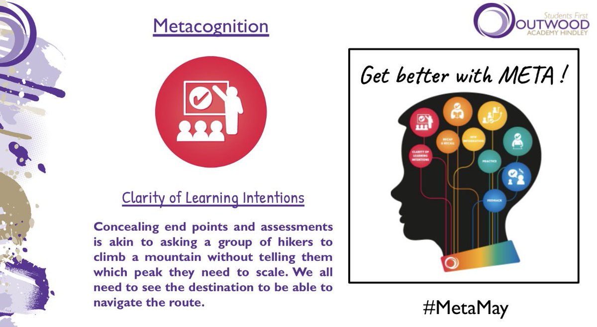 Our first pillar focus today is Clarity of Learning Intentions - why are we studying this today? Where does it fit in our learning journey? Why this, why now? @OutwoodHindley #metacognition #MetaMay