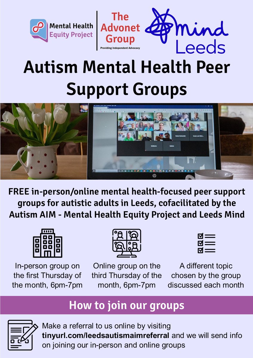 Every month, we and @LeedsMind run in-person and online #MentalHealth-focused #PeerSupport groups! 
They are co-led by and run for #ActuallyAutistic adults in #Leeds – find out more about them and how to join here: leedsautismaim.org.uk/our-services/m… #MentalHealthAwarenessWeek
