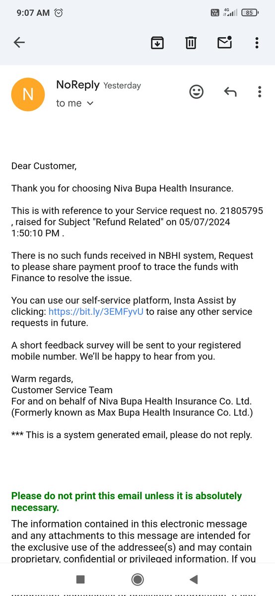 Reference id no of the transaction- 4886437772
Now please make a refund it's been almost 2 months that you have not initiated it. I am was your valuable customer from past 6 years. And for the first time i requested to cancel my policy, and suffer alot. @Niva_Bupa